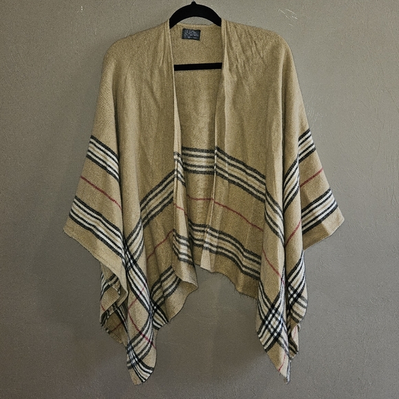 Poncho Blanket Scarf Tan Black Red Plaid One Size Women's Fall Accessory Sweater - Picture 2 of 7